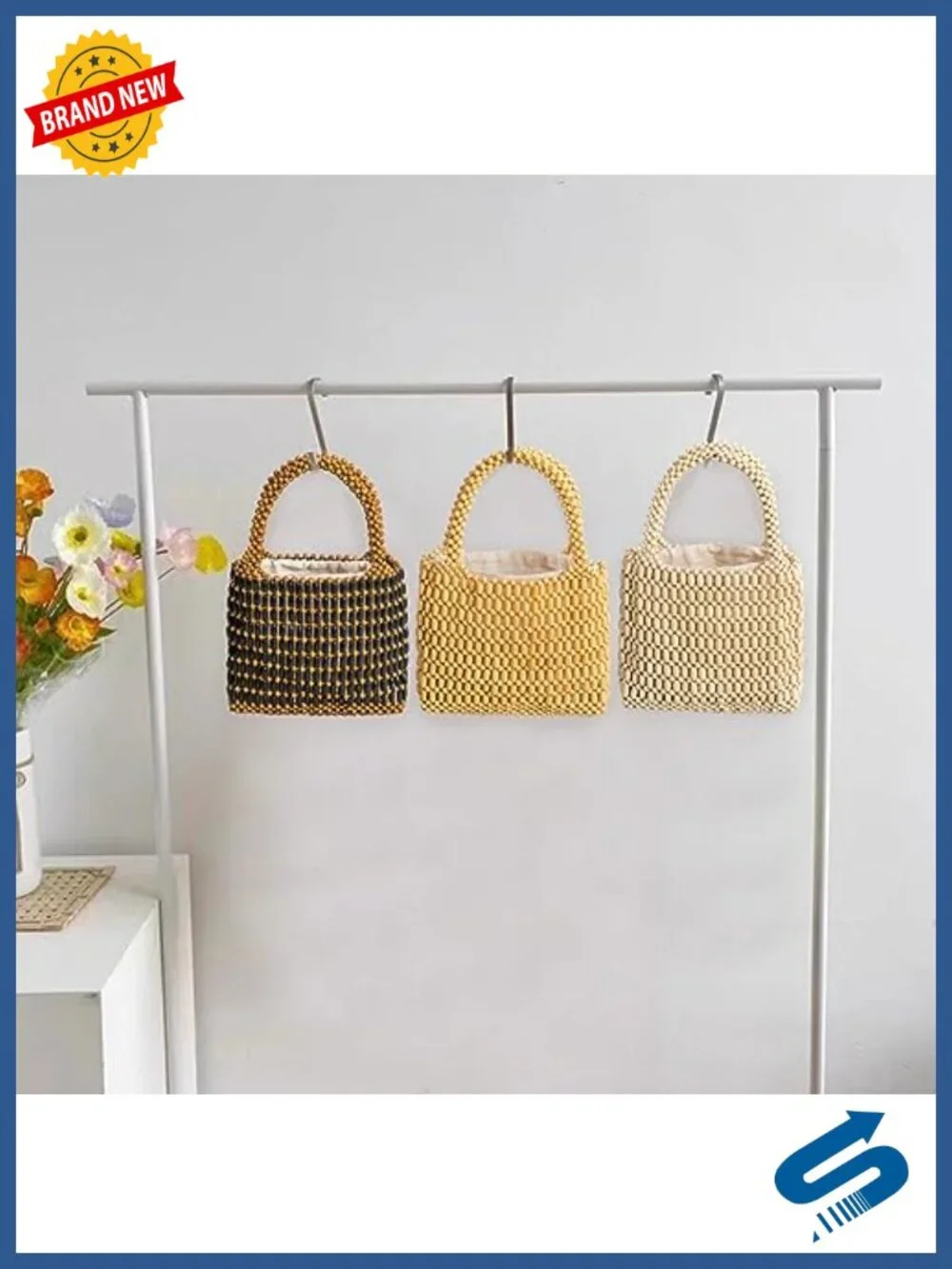 Handwoven Wooden Bead Tote Bag with Drawstring - Boho Mini Beach Shoulder Bag